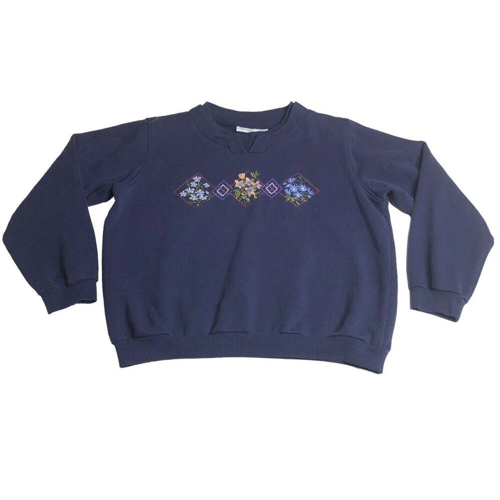 Vintage Cabin Creek Sweater Women Petite L Blue Floral Embroidered Granny Preppy
